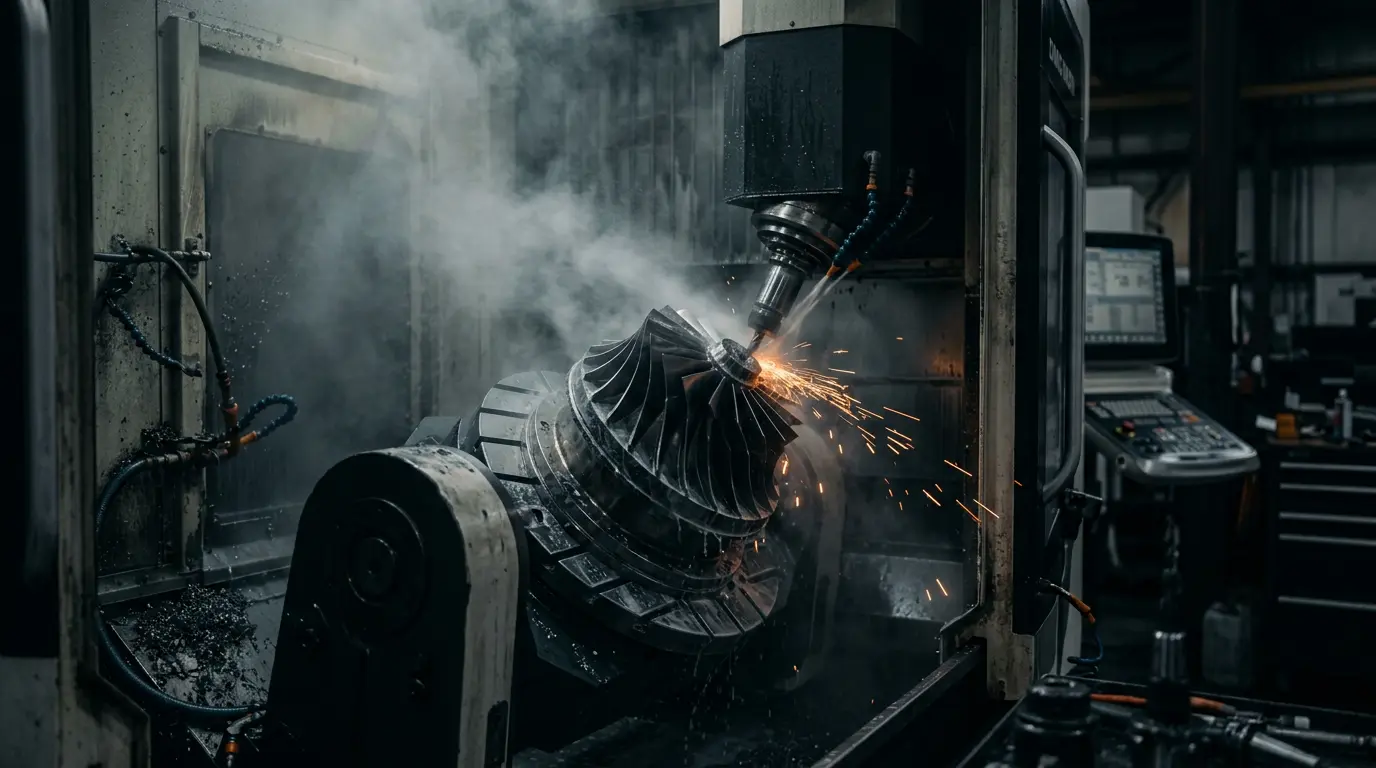 5-axis machining center cutting an aerospace blisk